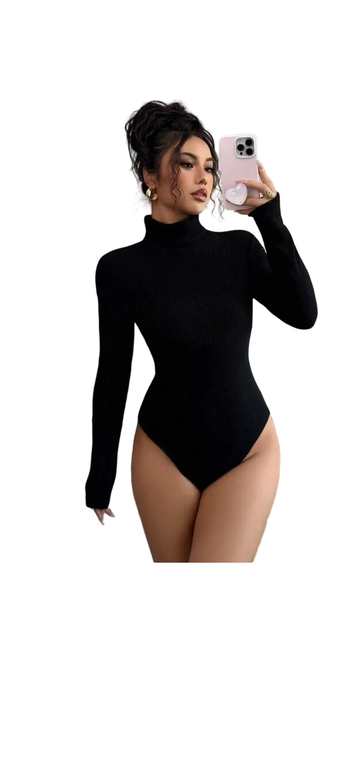 Elenzga women’s fitted turtleneck patchwork long sleeve bodysuit, black and gray, autumn/winter style, rib-knit with mesh accents