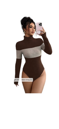 Elenzga Women’s Turtleneck Patchwork Long Sleeve Bodysuit – Fitted & Stylish