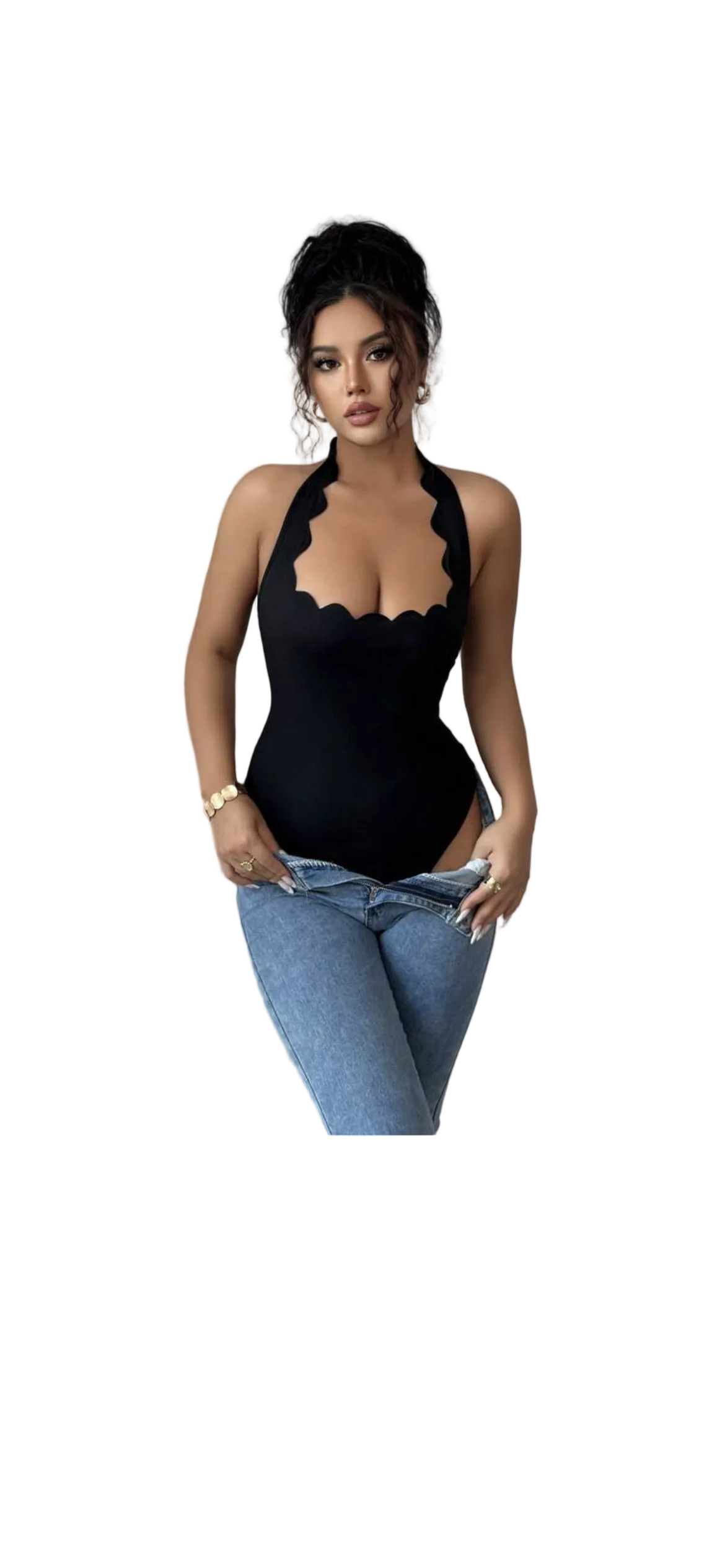 Black Halter Ruffle Bodysuit